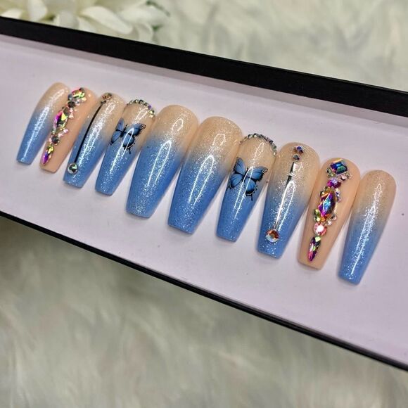 Blue 🦋 Custom Press On Nails | High Quality Nails | Handmade - Picture 2 of 11